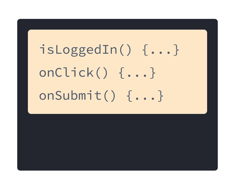 Three JavaScript handlers with yellow background: onSubmit, onLogin, and onClick.